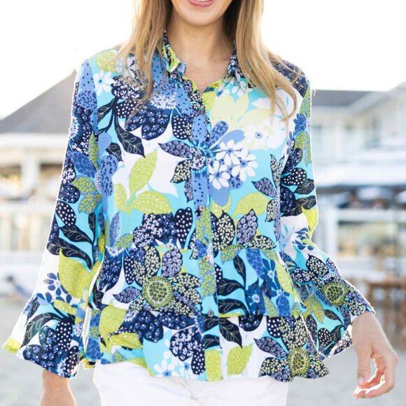 NWOT Habitat Womens Vintage Floral Print Flounce Shirt in Lake Size Medium - Picture 1 of 11